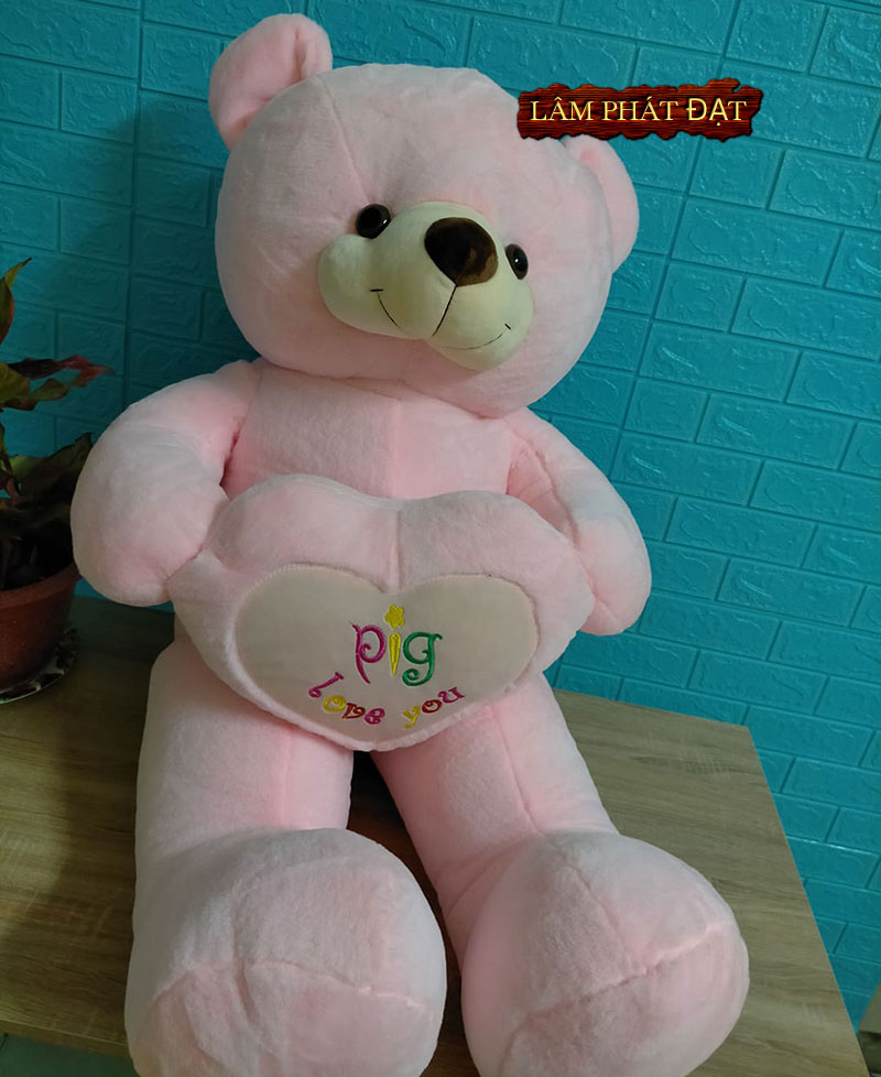 Gấu Teddy 1m6 màu hồng Ôm Tim Pig Vải Lông Ngắn