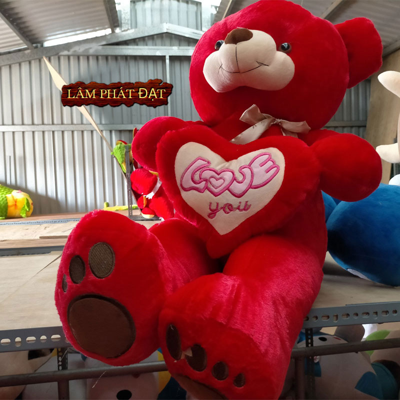 Gấu Teddy 1m8 Màu Đỏ Ôm Tim Love Vải Lông Ngắn